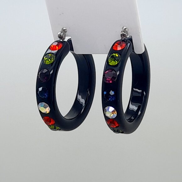black Lucite Acrylic wide 1.5 Hoop multi color Latch Back Fashion Earrings - Picture 1 of 4